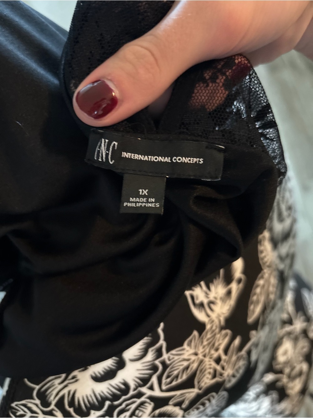 INC International Concepts Black Top with White Floral Lace Detail - Picture 3 of 3